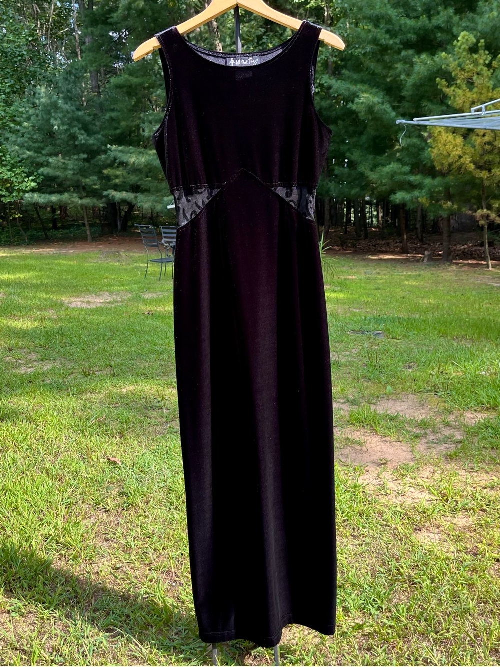 90s All That Jazz Witchy Black Velvet Maxi Dress Mesh Cut-Out Size M Whimsigoth